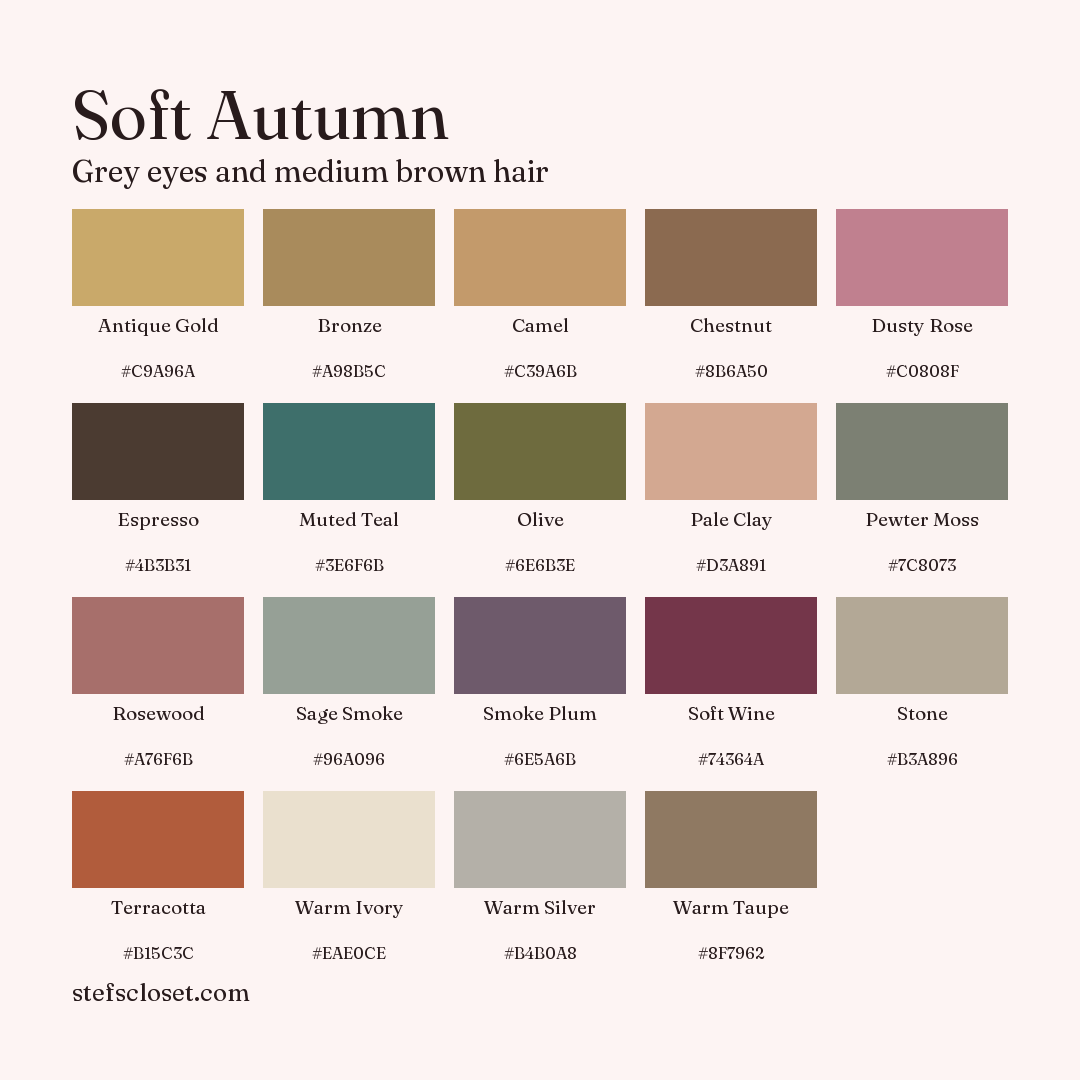 Soft Autumn palette: 19 colors, Antique Gold, Bronze, Camel, and more, each with its hex code.