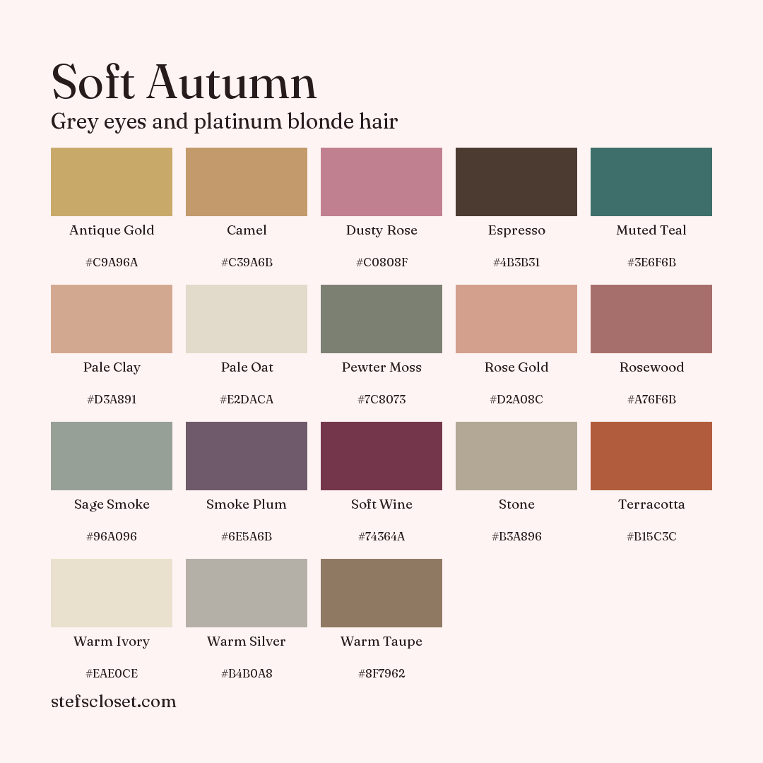 Soft Autumn palette: 18 colors, Antique Gold, Camel, Dusty Rose, and more, each with its hex code.