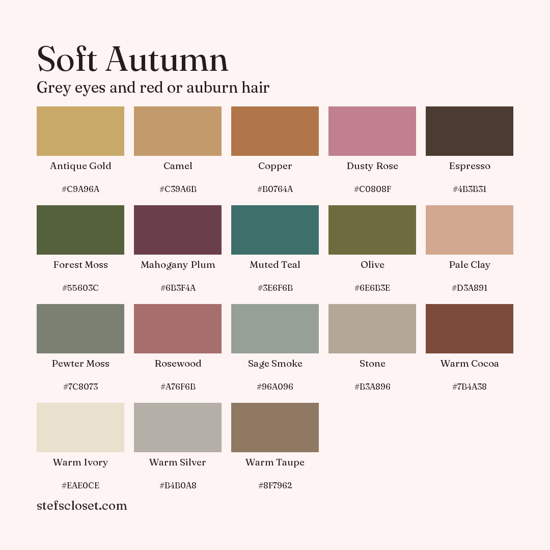 Soft Autumn palette: 18 colors, Antique Gold, Camel, Copper, and more, each with its hex code.
