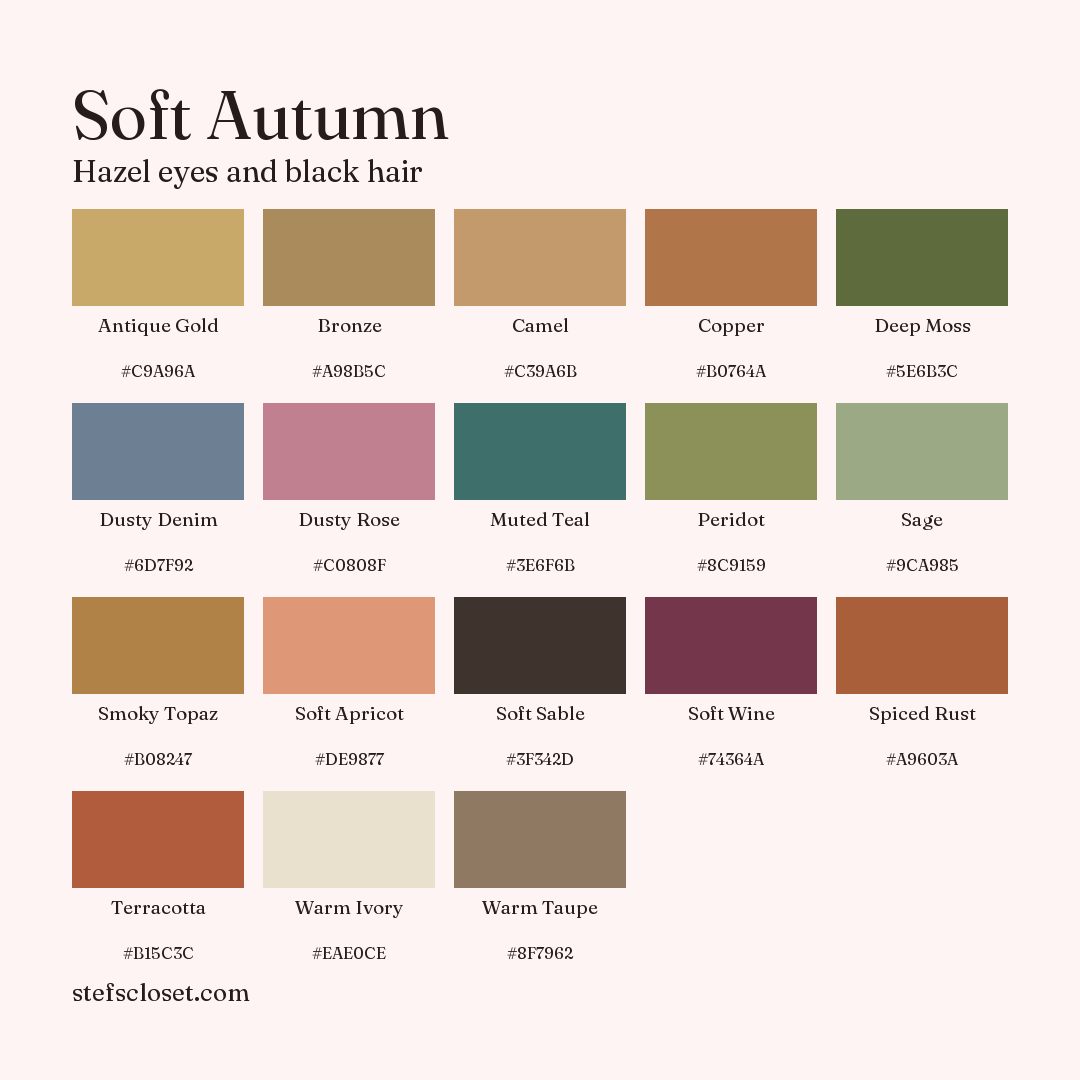 Soft Autumn palette: 18 colors, Antique Gold, Bronze, Camel, and more, each with its hex code.