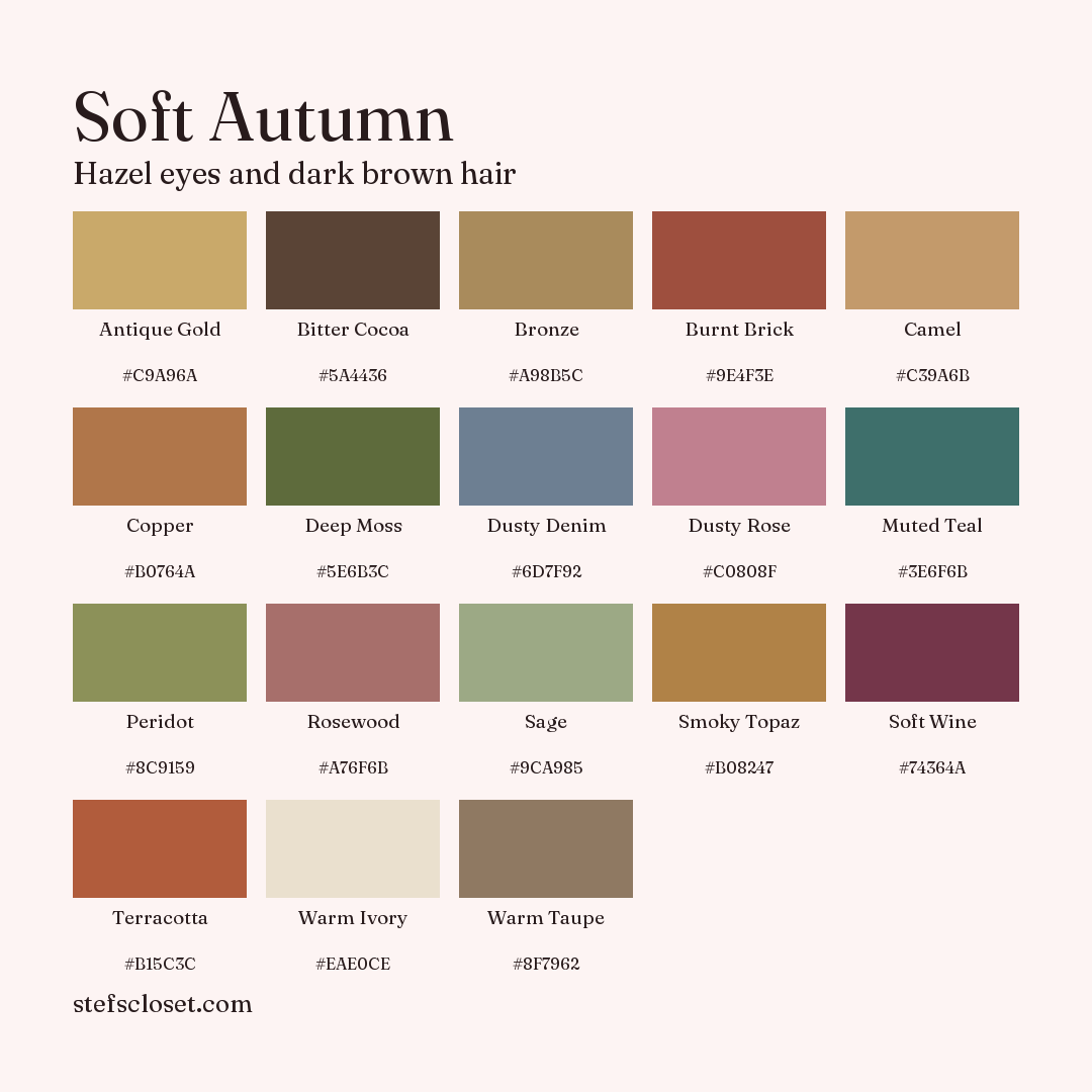 Soft Autumn palette: 18 colors, Antique Gold, Bitter Cocoa, Bronze, and more, each with its hex code.