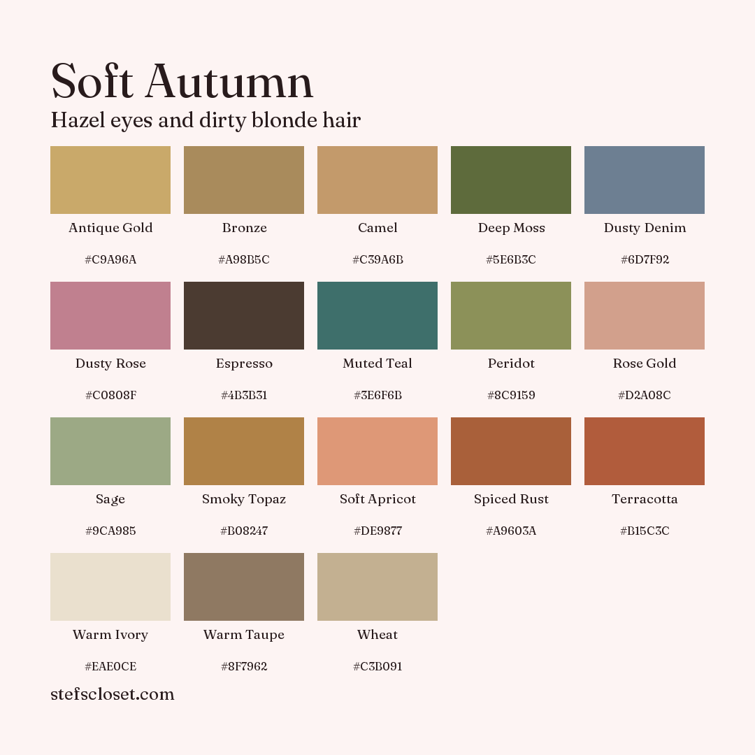 Soft Autumn palette: 18 colors, Antique Gold, Bronze, Camel, and more, each with its hex code.