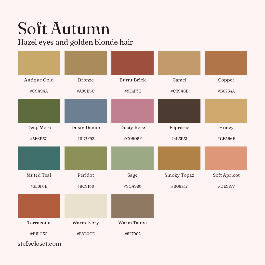 Soft Autumn palette: 18 colors, Antique Gold, Bronze, Burnt Brick, and more, each with its hex code.