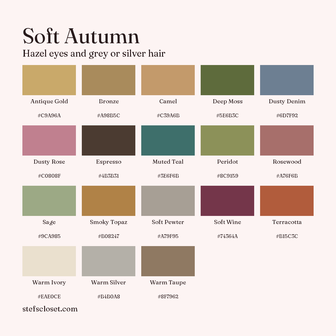 Soft Autumn palette: 18 colors, Antique Gold, Bronze, Camel, and more, each with its hex code.