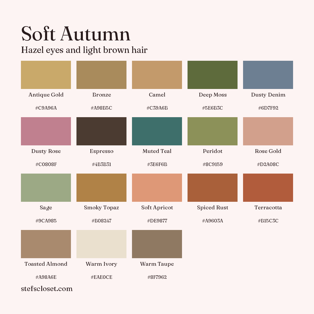 Soft Autumn palette: 18 colors, Antique Gold, Bronze, Camel, and more, each with its hex code.