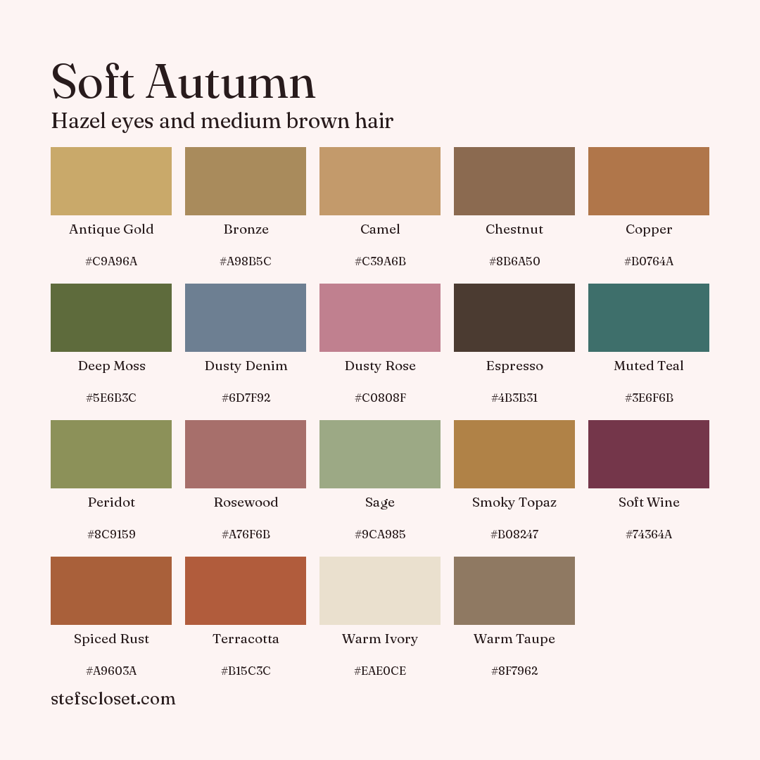 Soft Autumn palette: 19 colors, Antique Gold, Bronze, Camel, and more, each with its hex code.