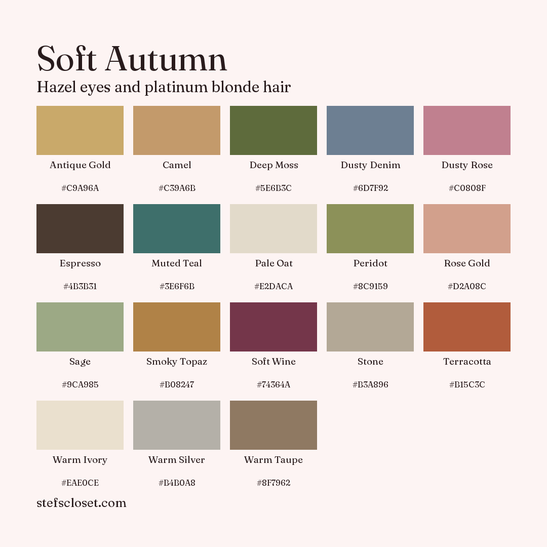 Soft Autumn palette: 18 colors, Antique Gold, Camel, Deep Moss, and more, each with its hex code.