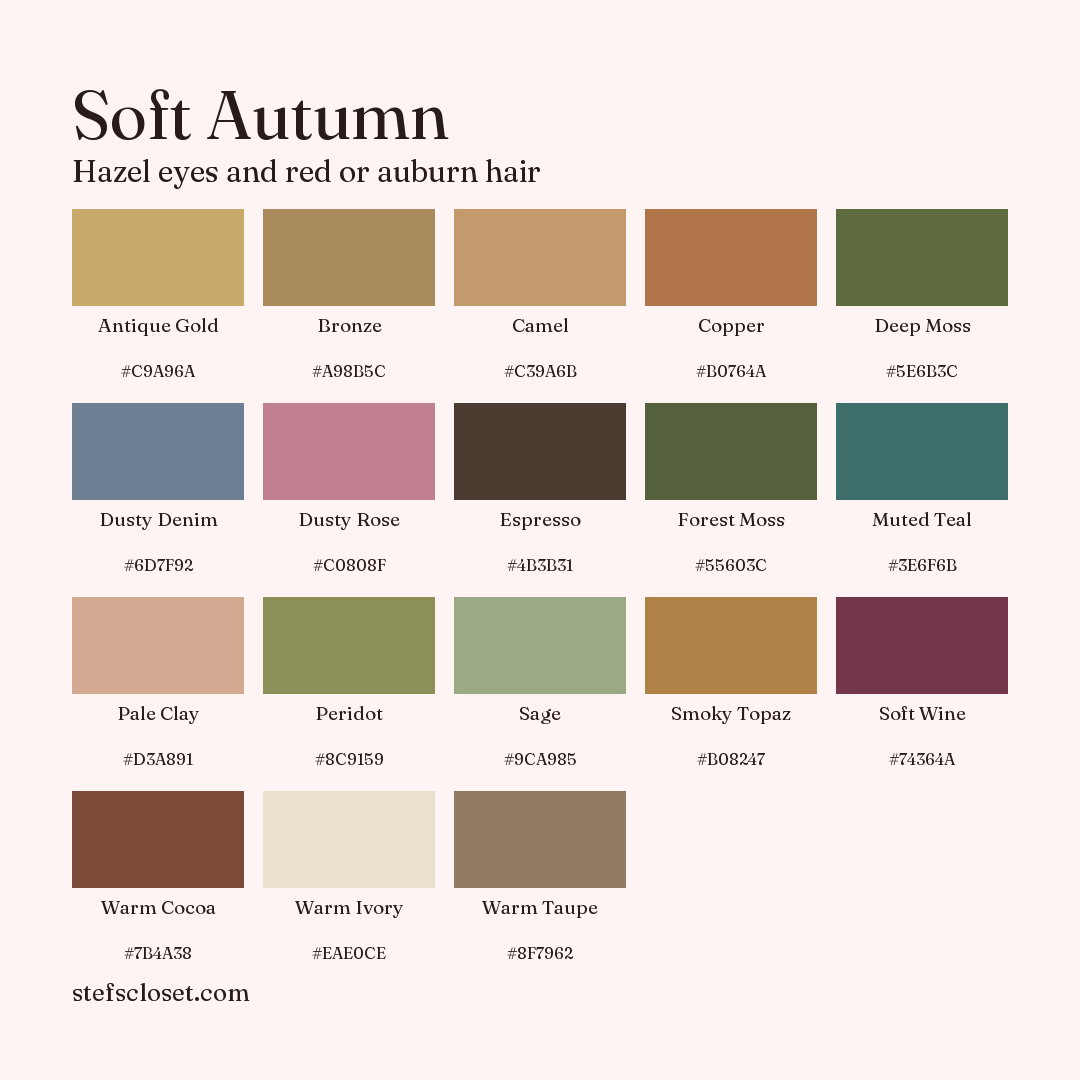 Soft Autumn palette: 18 colors, Antique Gold, Bronze, Camel, and more, each with its hex code.