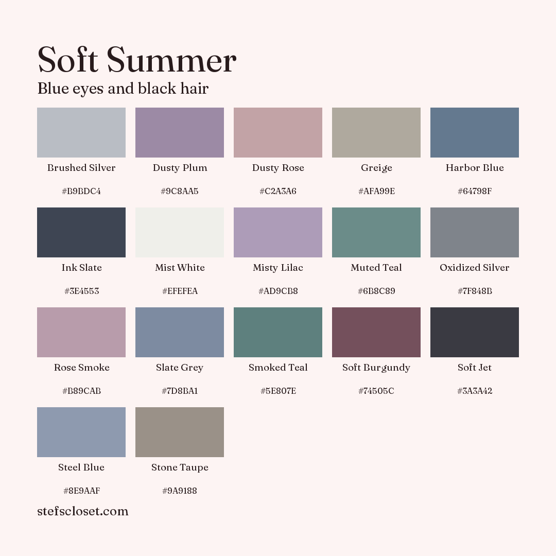 Soft Summer palette: 17 colors, Brushed Silver, Dusty Plum, Dusty Rose, and more, each with its hex code.