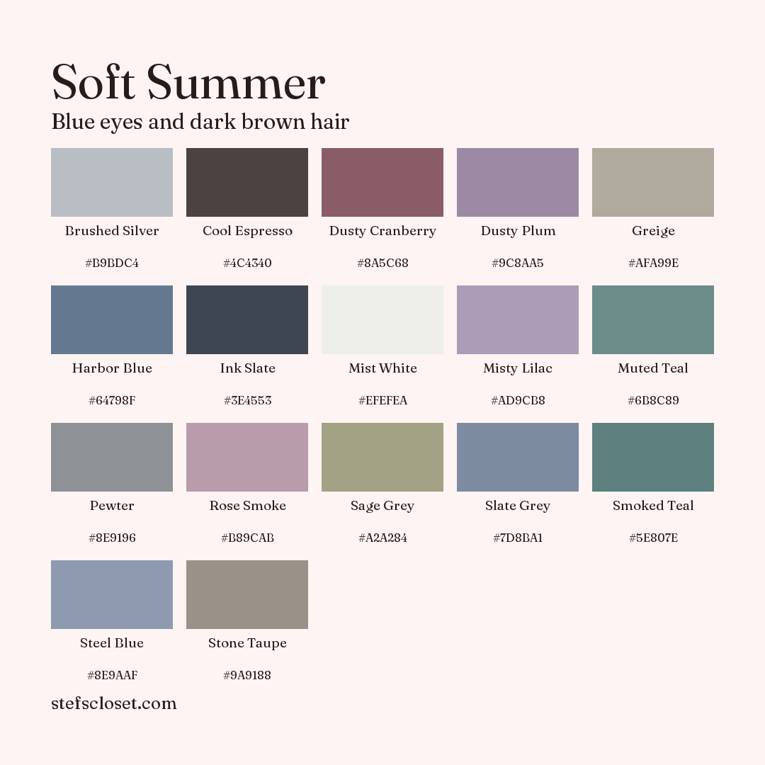Soft Summer palette: 17 colors, Brushed Silver, Cool Espresso, Dusty Cranberry, and more, each with its hex code.