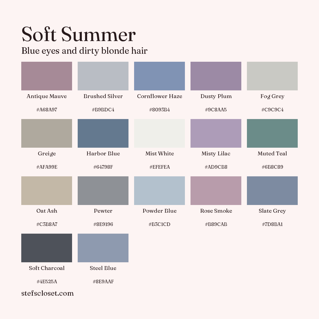 Soft Summer palette: 17 colors, Antique Mauve, Brushed Silver, Cornflower Haze, and more, each with its hex code.