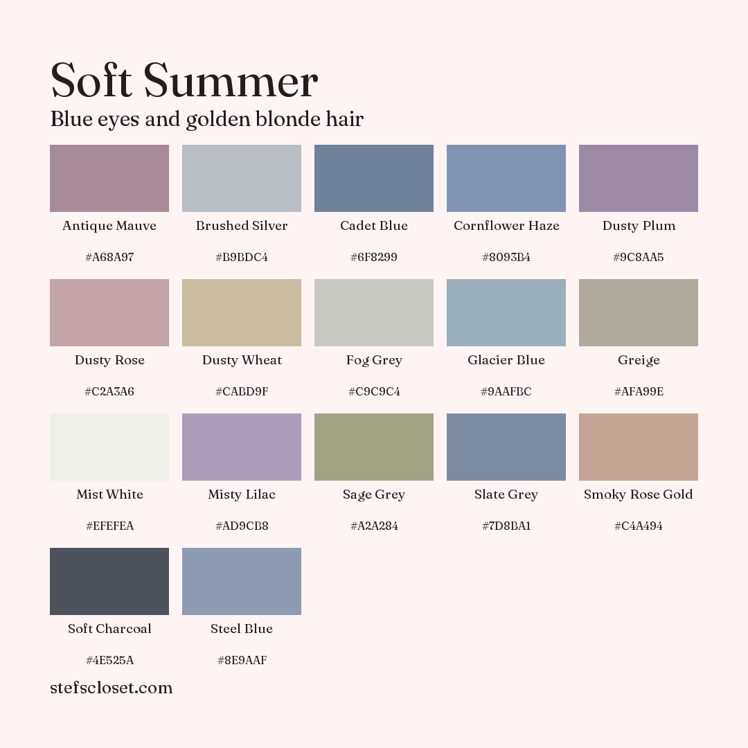 Soft Summer palette: 17 colors, Antique Mauve, Brushed Silver, Cadet Blue, and more, each with its hex code.