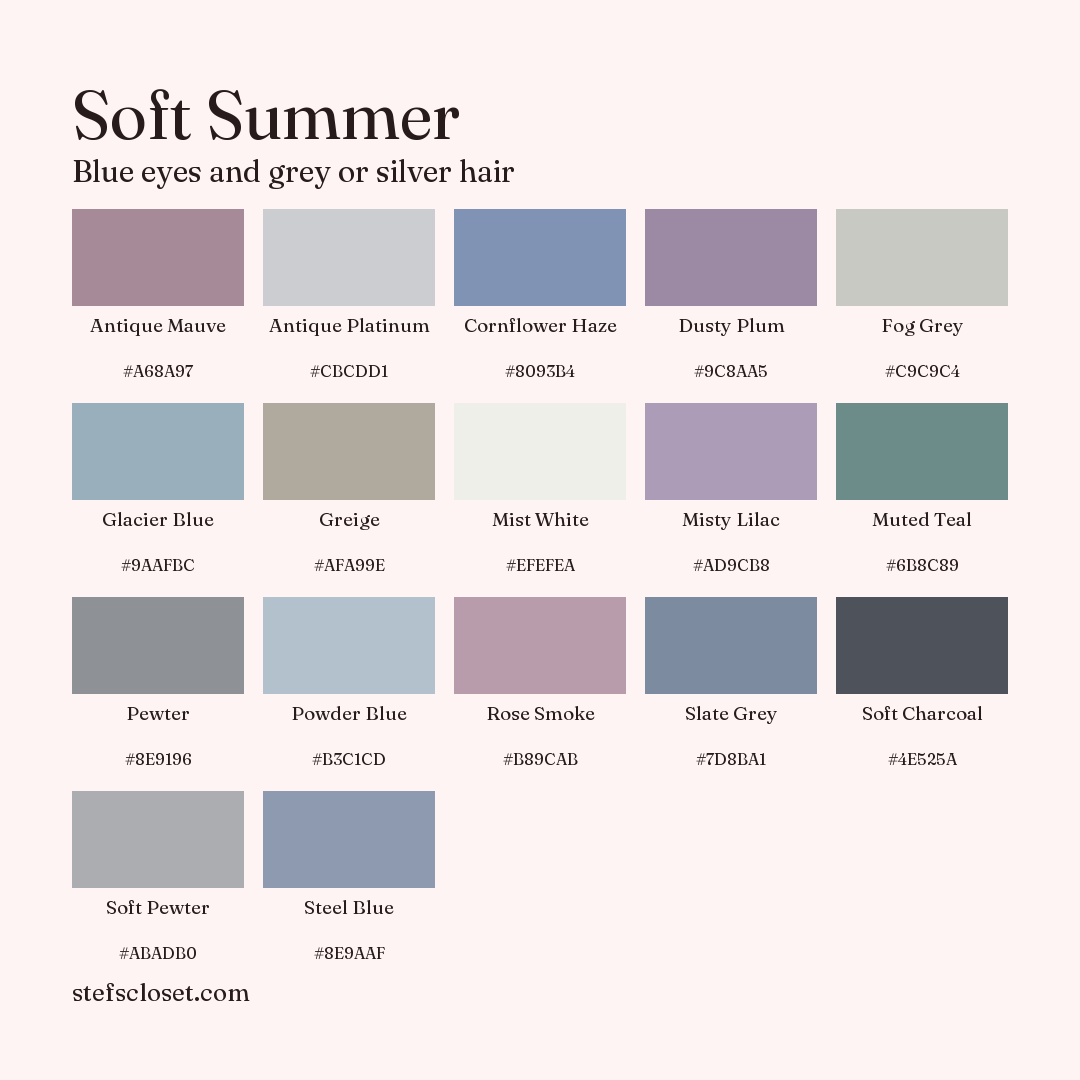 Soft Summer palette: 17 colors, Antique Mauve, Antique Platinum, Cornflower Haze, and more, each with its hex code.