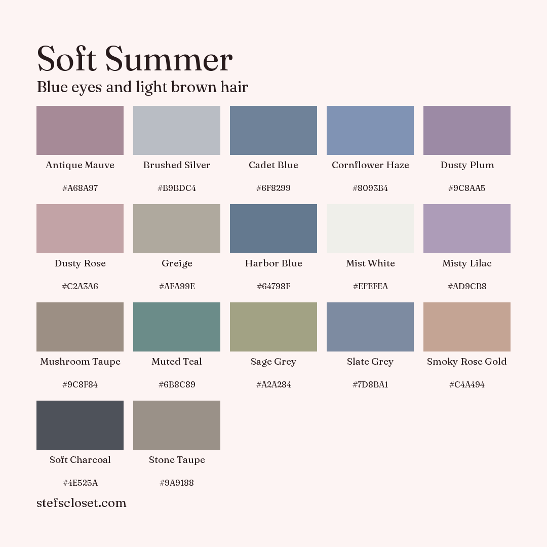Soft Summer palette: 17 colors, Antique Mauve, Brushed Silver, Cadet Blue, and more, each with its hex code.