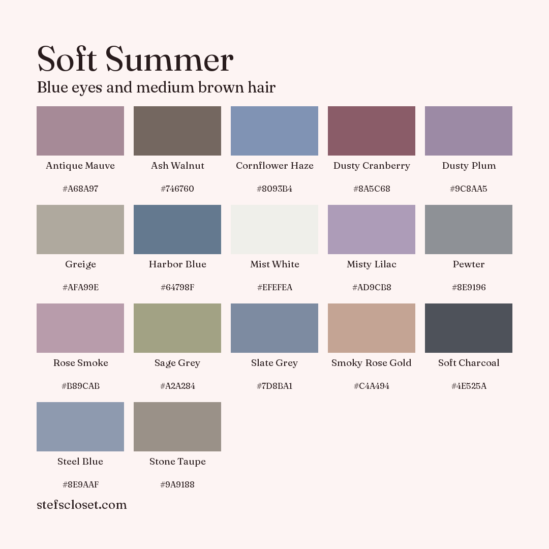 Soft Summer palette: 17 colors, Antique Mauve, Ash Walnut, Cornflower Haze, and more, each with its hex code.