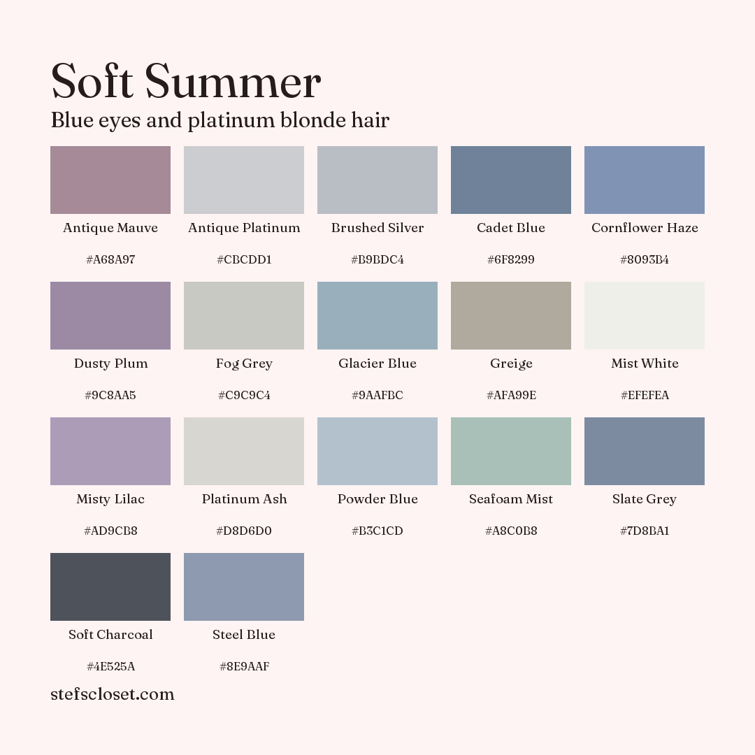 Soft Summer palette: 17 colors, Antique Mauve, Antique Platinum, Brushed Silver, and more, each with its hex code.