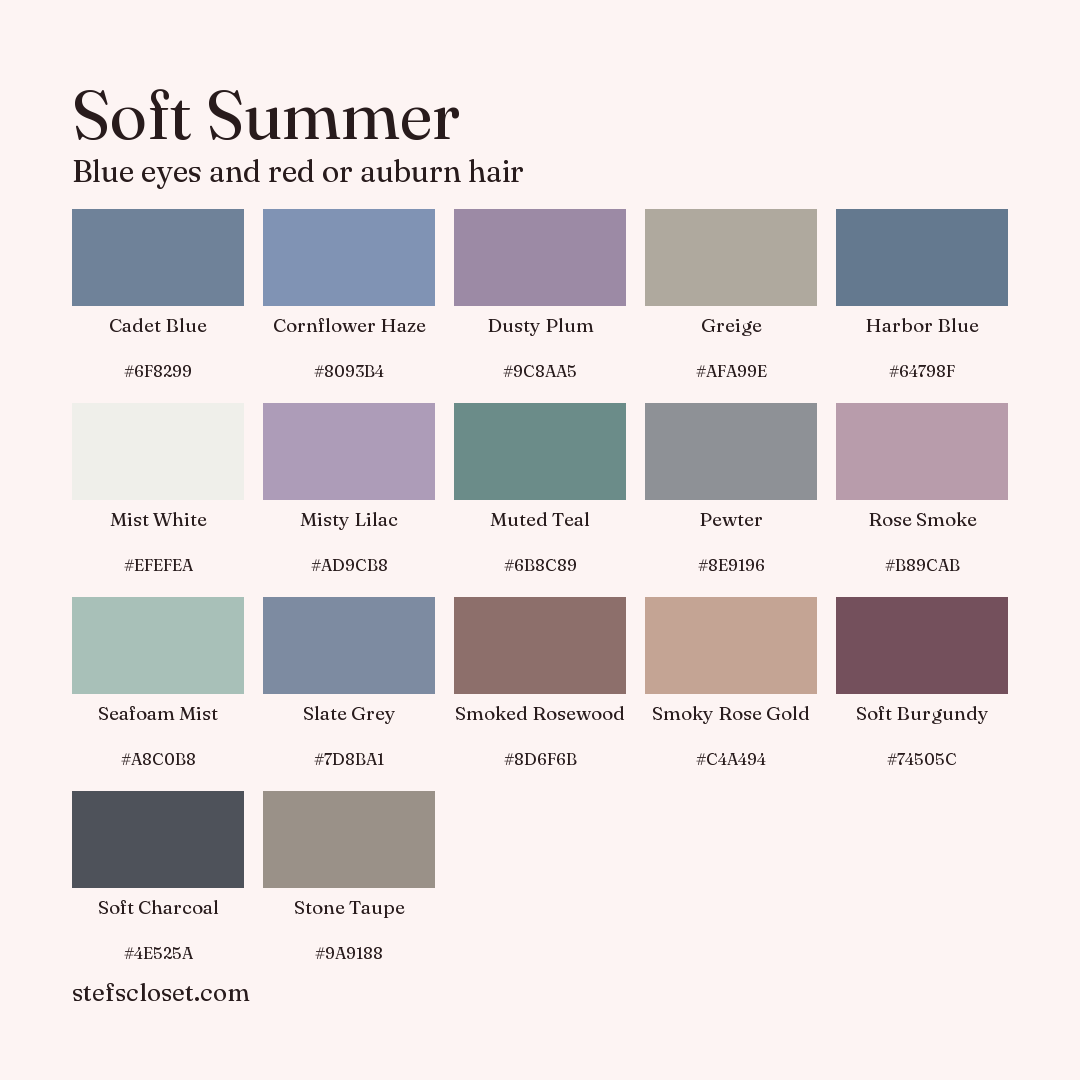 Soft Summer palette: 17 colors, Cadet Blue, Cornflower Haze, Dusty Plum, and more, each with its hex code.