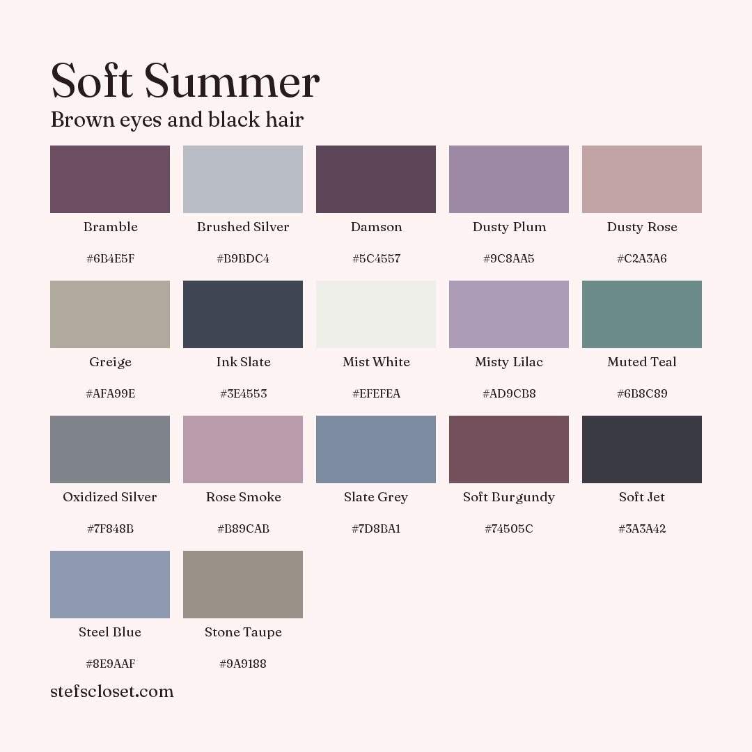 Soft Summer palette: 17 colors, Bramble, Brushed Silver, Damson, and more, each with its hex code.