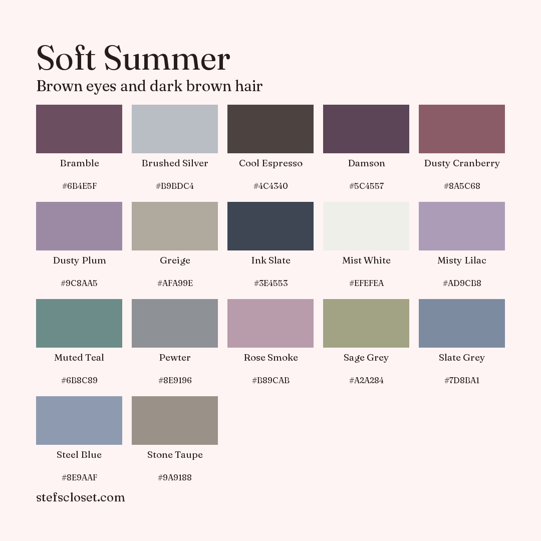 Soft Summer palette: 17 colors, Bramble, Brushed Silver, Cool Espresso, and more, each with its hex code.
