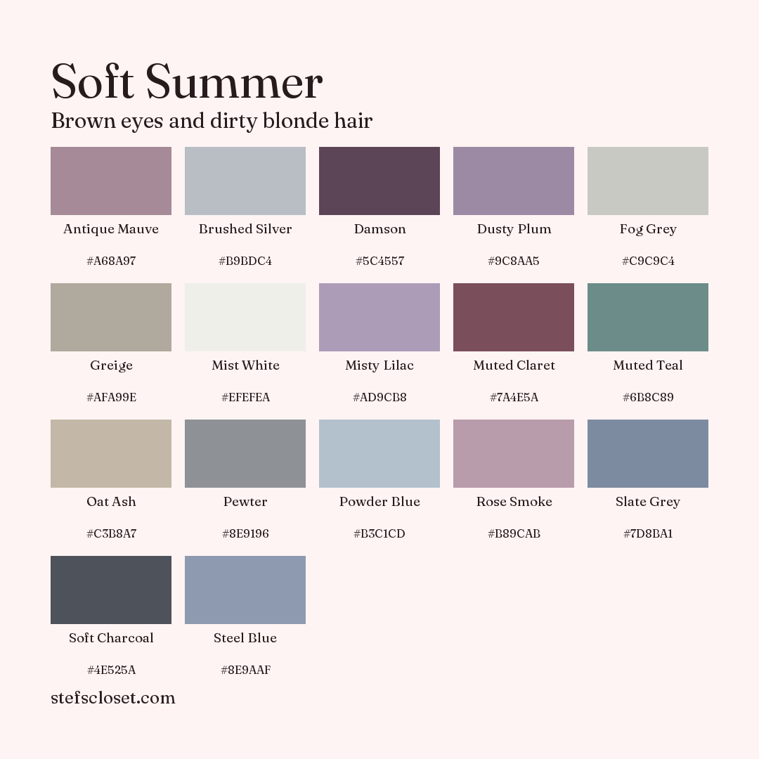 Soft Summer palette: 17 colors, Antique Mauve, Brushed Silver, Damson, and more, each with its hex code.