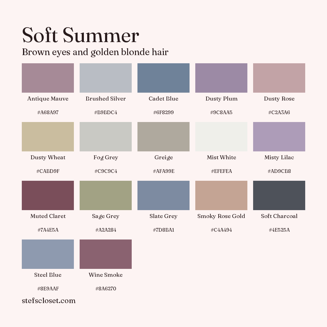 Soft Summer palette: 17 colors, Antique Mauve, Brushed Silver, Cadet Blue, and more, each with its hex code.