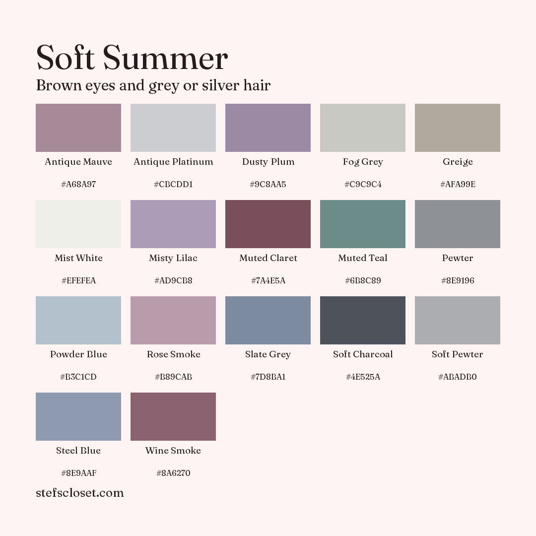 Soft Summer palette: 17 colors, Antique Mauve, Antique Platinum, Dusty Plum, and more, each with its hex code.
