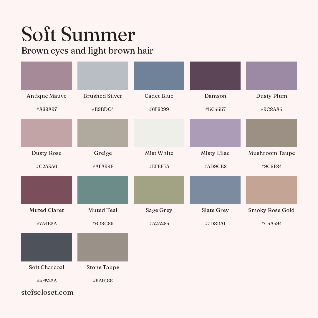 Soft Summer palette: 17 colors, Antique Mauve, Brushed Silver, Cadet Blue, and more, each with its hex code.
