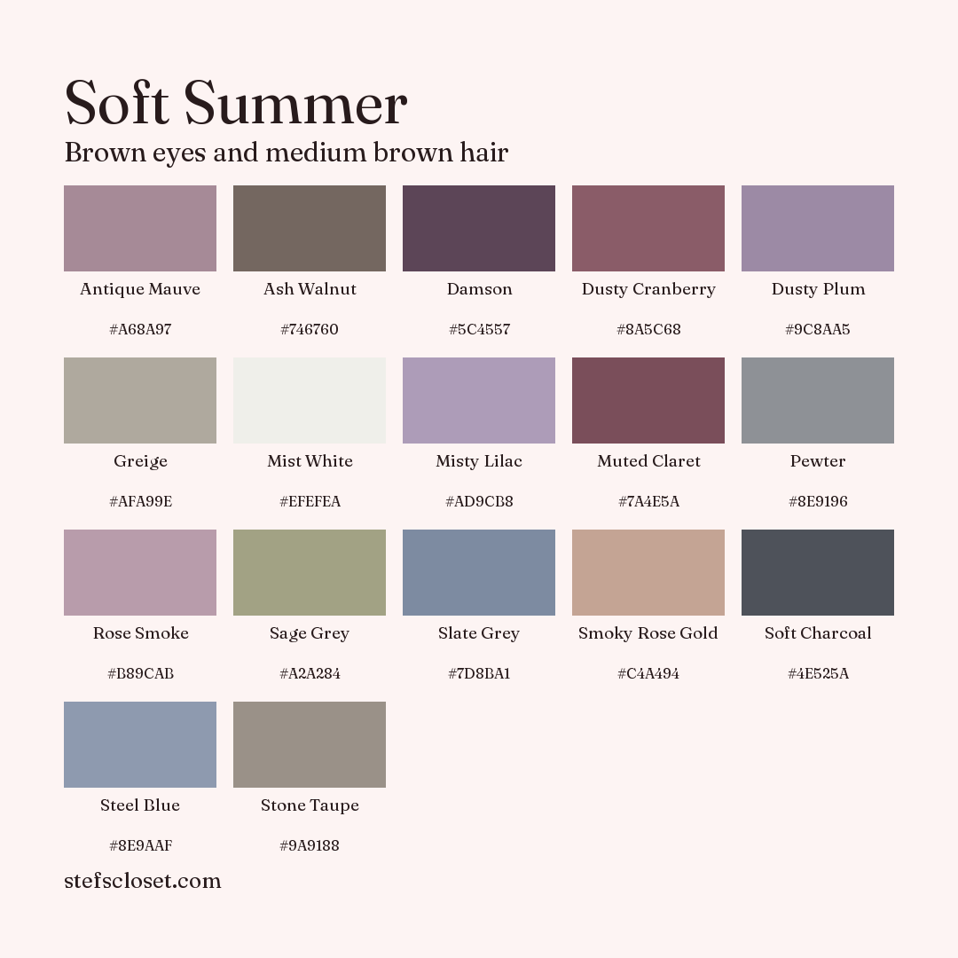 Soft Summer palette: 17 colors, Antique Mauve, Ash Walnut, Damson, and more, each with its hex code.