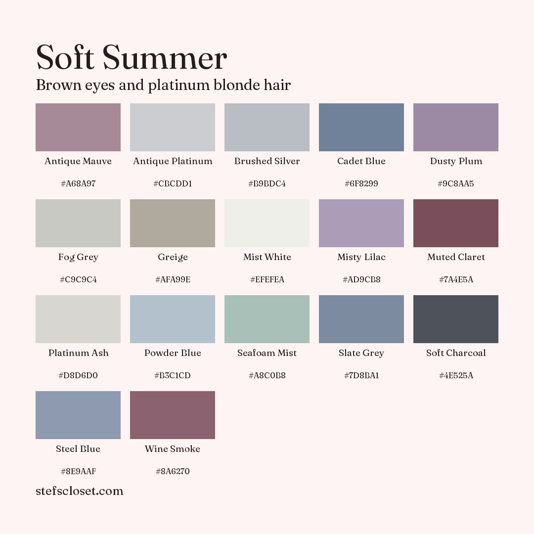 Soft Summer palette: 17 colors, Antique Mauve, Antique Platinum, Brushed Silver, and more, each with its hex code.
