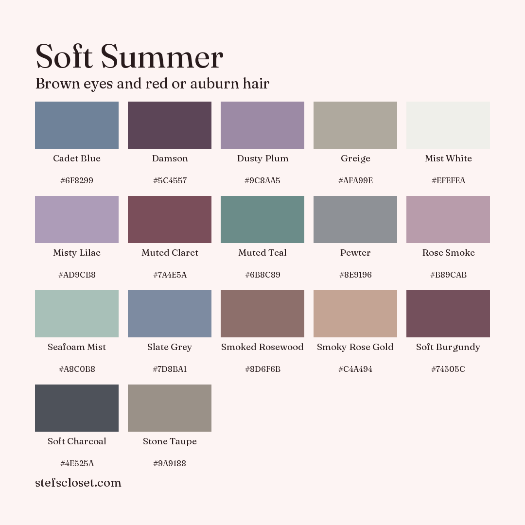Soft Summer palette: 17 colors, Cadet Blue, Damson, Dusty Plum, and more, each with its hex code.