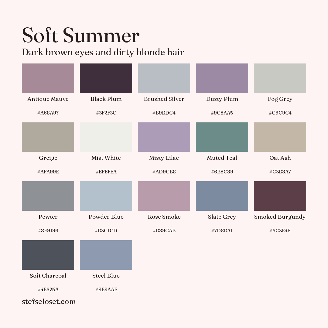 Soft Summer palette: 17 colors, Antique Mauve, Black Plum, Brushed Silver, and more, each with its hex code.