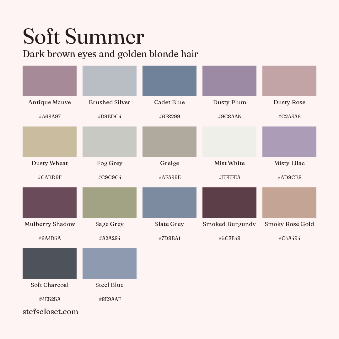 Soft Summer palette: 17 colors, Antique Mauve, Brushed Silver, Cadet Blue, and more, each with its hex code.