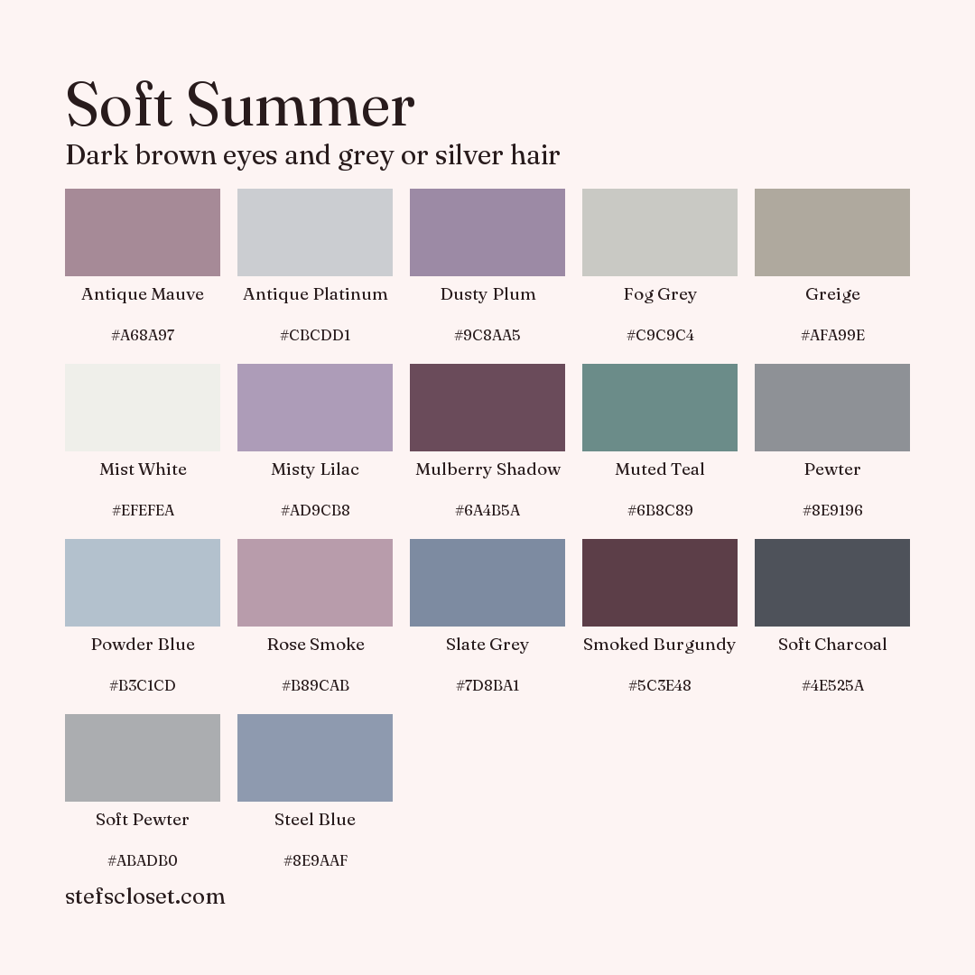 Soft Summer palette: 17 colors, Antique Mauve, Antique Platinum, Dusty Plum, and more, each with its hex code.