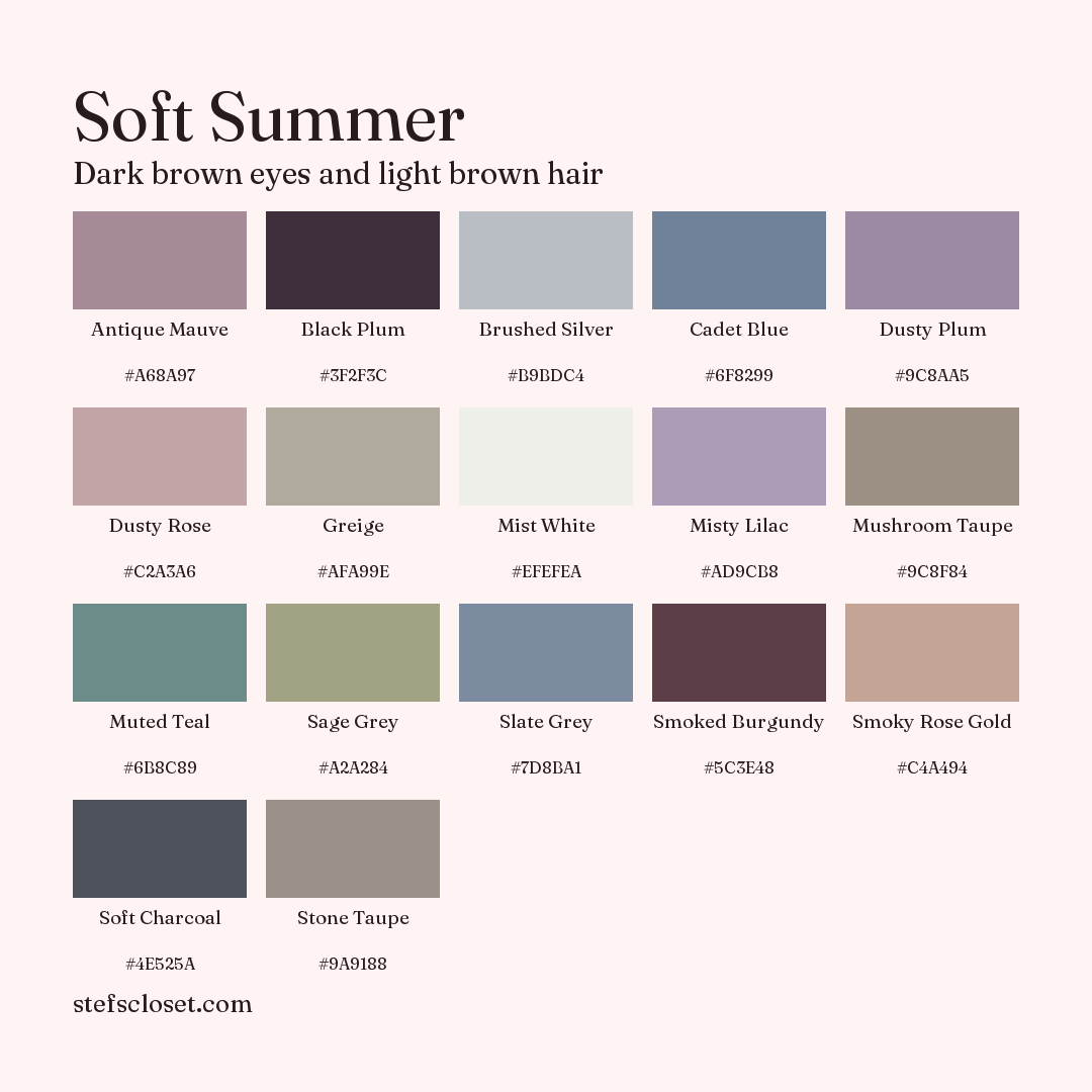 Soft Summer palette: 17 colors, Antique Mauve, Black Plum, Brushed Silver, and more, each with its hex code.