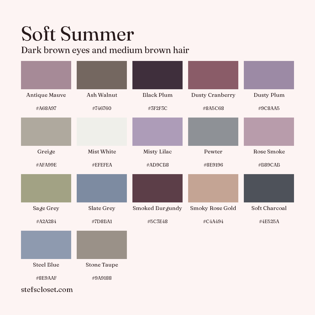 Soft Summer palette: 17 colors, Antique Mauve, Ash Walnut, Black Plum, and more, each with its hex code.