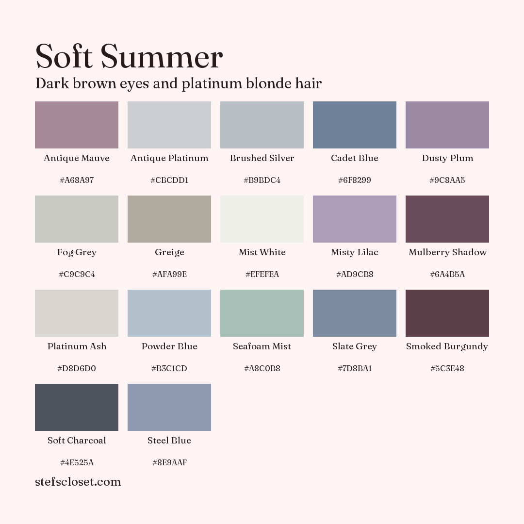 Soft Summer palette: 17 colors, Antique Mauve, Antique Platinum, Brushed Silver, and more, each with its hex code.