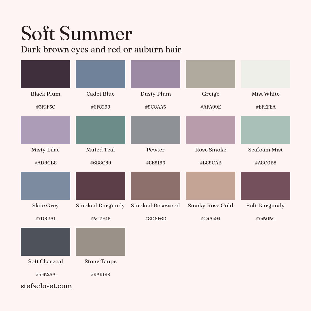 Soft Summer palette: 17 colors, Black Plum, Cadet Blue, Dusty Plum, and more, each with its hex code.