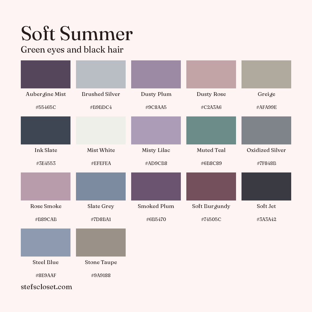 Soft Summer palette: 17 colors, Aubergine Mist, Brushed Silver, Dusty Plum, and more, each with its hex code.