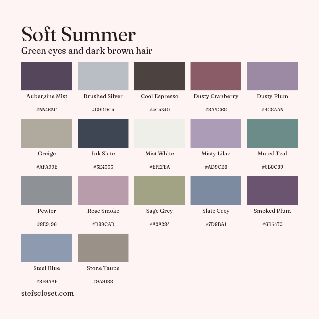 Soft Summer palette: 17 colors, Aubergine Mist, Brushed Silver, Cool Espresso, and more, each with its hex code.