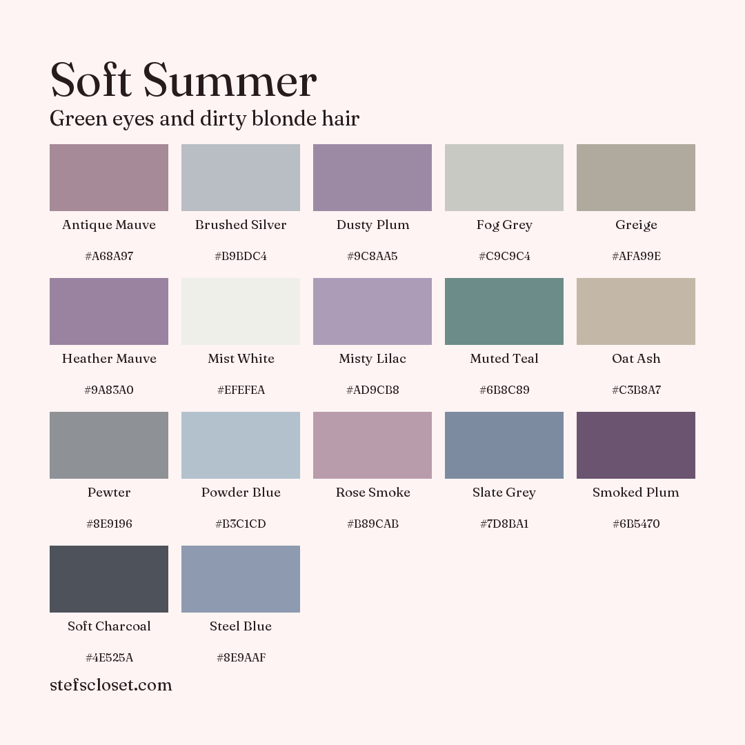 Soft Summer palette: 17 colors, Antique Mauve, Brushed Silver, Dusty Plum, and more, each with its hex code.