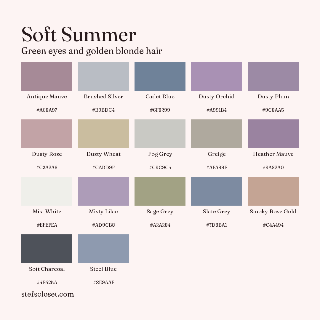 Soft Summer palette: 17 colors, Antique Mauve, Brushed Silver, Cadet Blue, and more, each with its hex code.