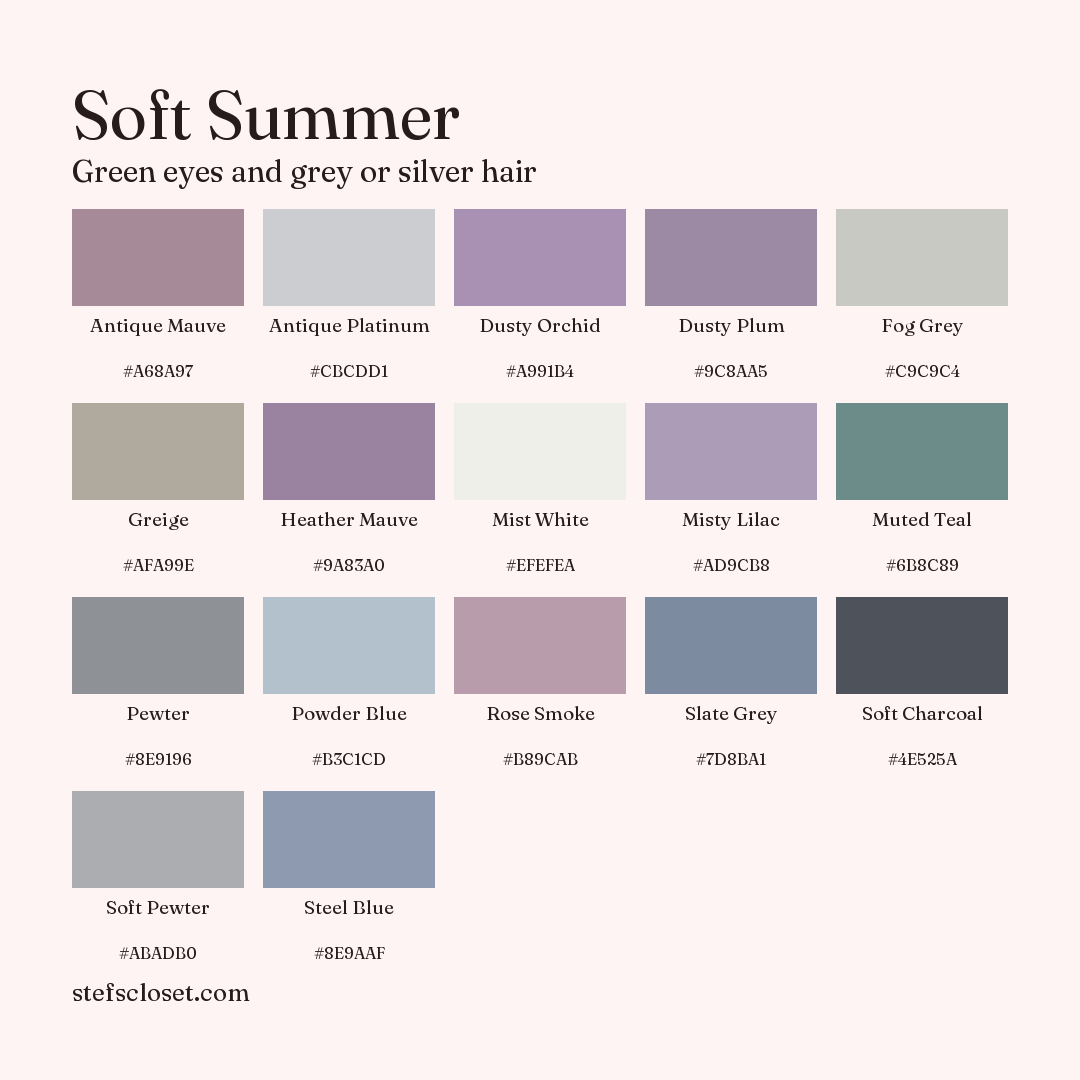 Soft Summer palette: 17 colors, Antique Mauve, Antique Platinum, Dusty Orchid, and more, each with its hex code.