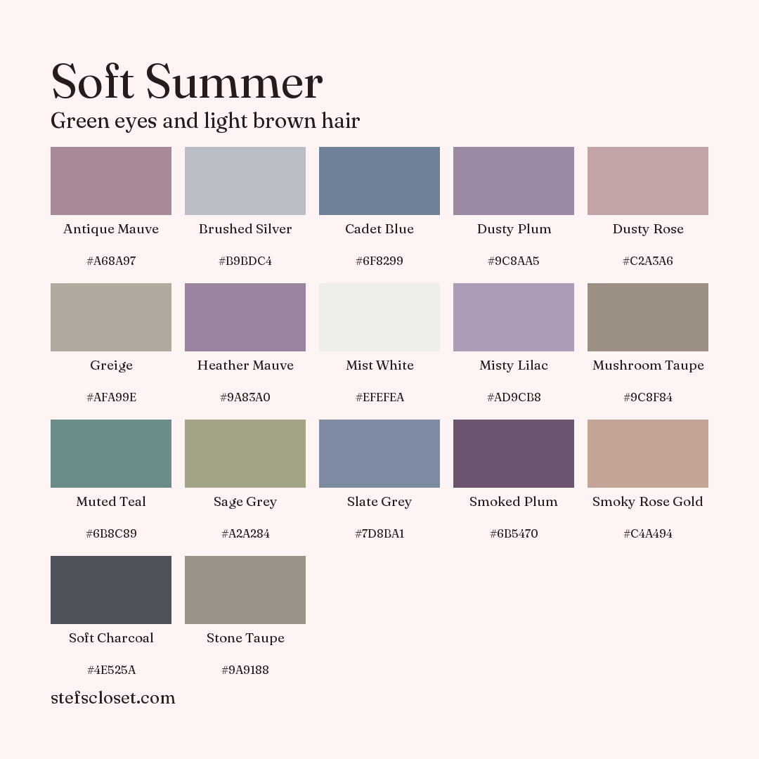 Soft Summer palette: 17 colors, Antique Mauve, Brushed Silver, Cadet Blue, and more, each with its hex code.