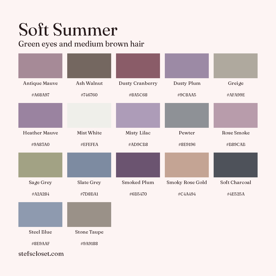 Soft Summer palette: 17 colors, Antique Mauve, Ash Walnut, Dusty Cranberry, and more, each with its hex code.