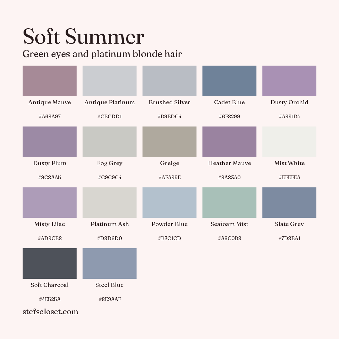 Soft Summer palette: 17 colors, Antique Mauve, Antique Platinum, Brushed Silver, and more, each with its hex code.