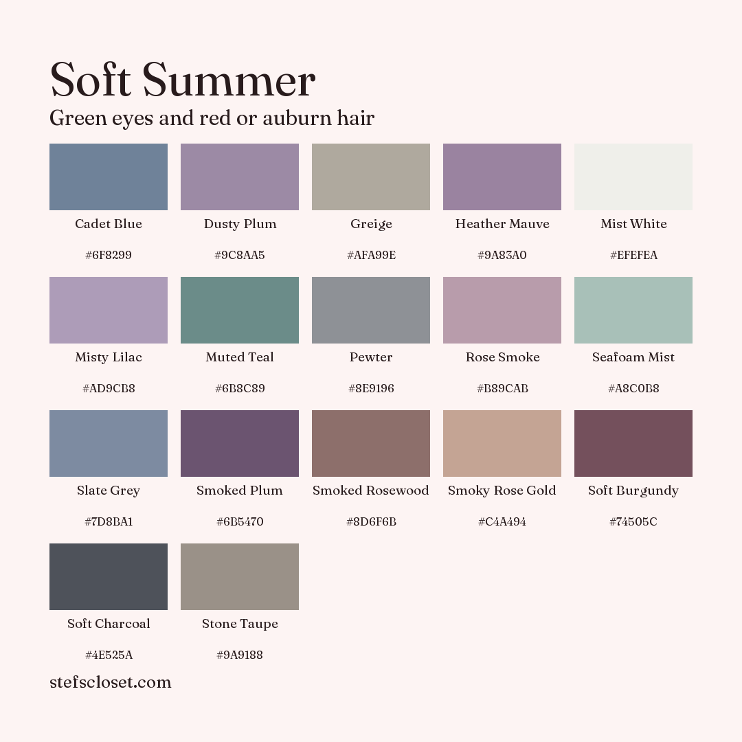 Soft Summer palette: 17 colors, Cadet Blue, Dusty Plum, Greige, and more, each with its hex code.