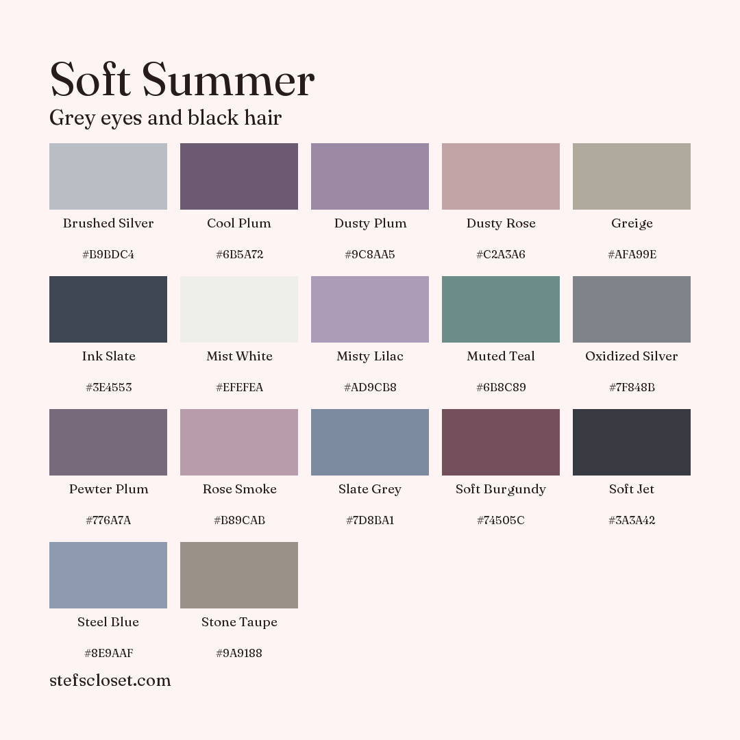 Soft Summer palette: 17 colors, Brushed Silver, Cool Plum, Dusty Plum, and more, each with its hex code.