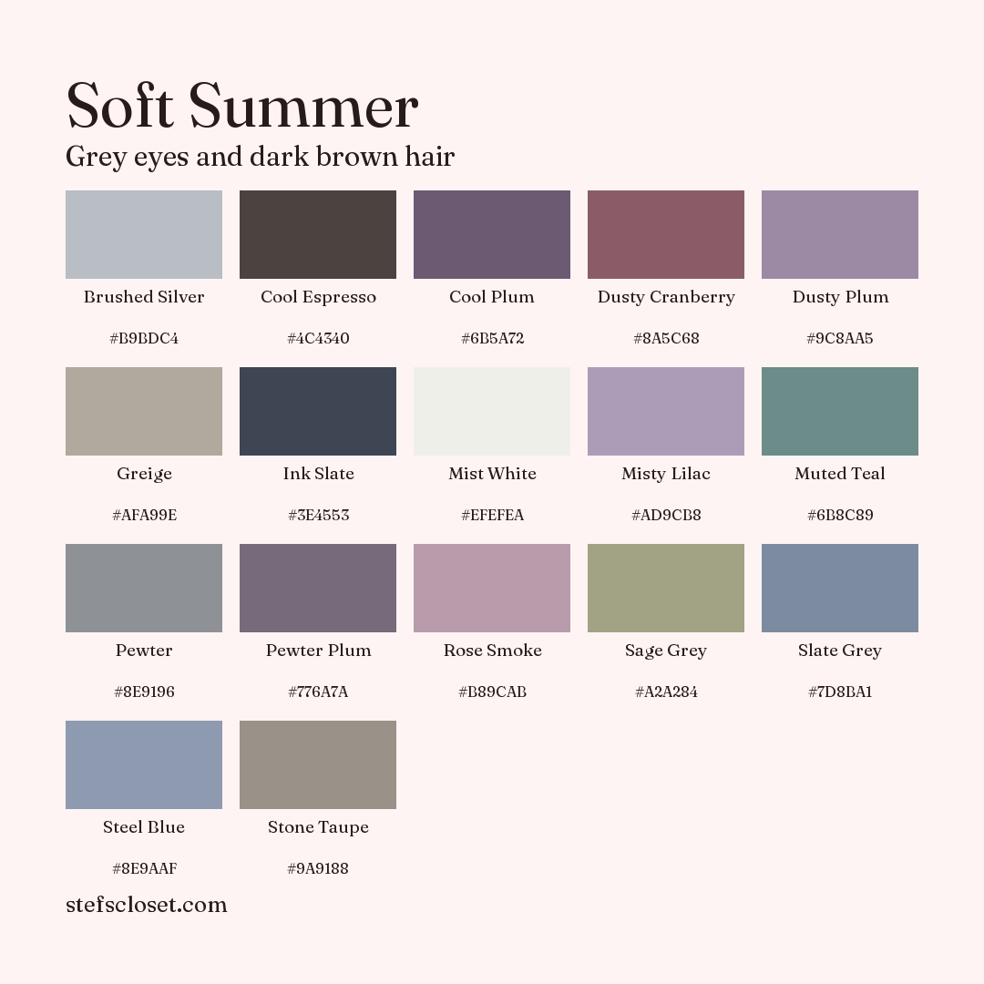 Soft Summer palette: 17 colors, Brushed Silver, Cool Espresso, Cool Plum, and more, each with its hex code.