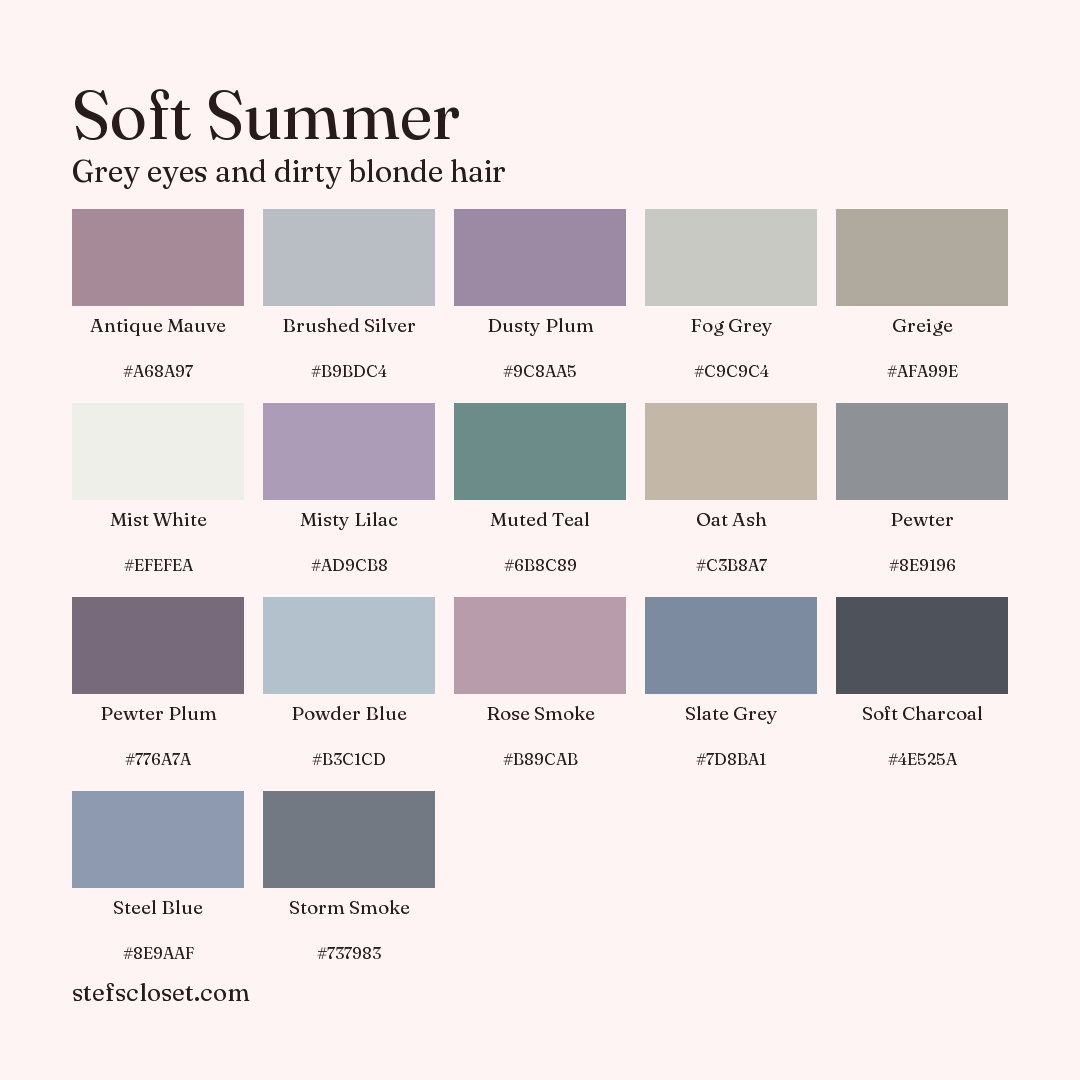 Soft Summer palette: 17 colors, Antique Mauve, Brushed Silver, Dusty Plum, and more, each with its hex code.