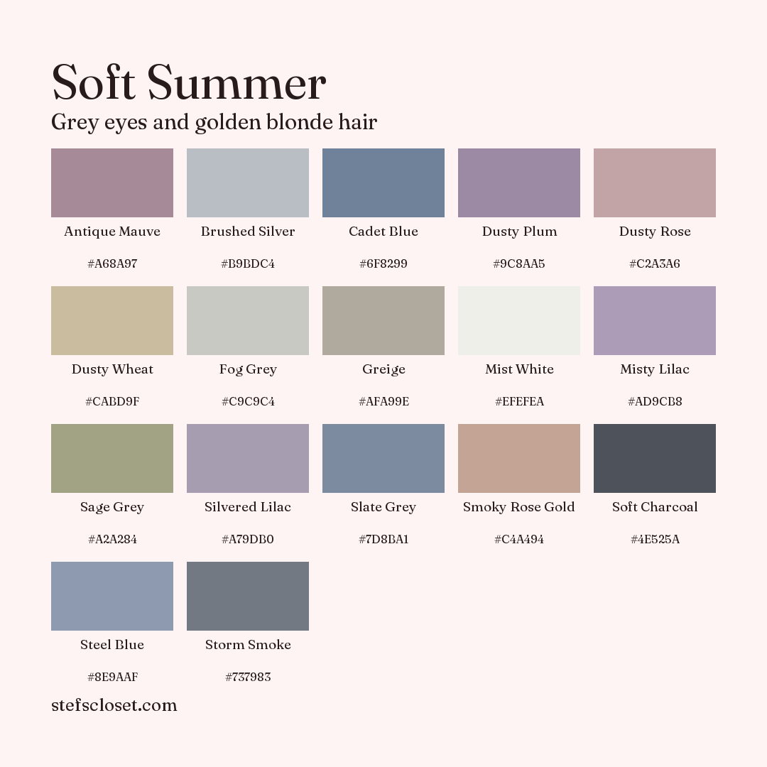 Soft Summer palette: 17 colors, Antique Mauve, Brushed Silver, Cadet Blue, and more, each with its hex code.